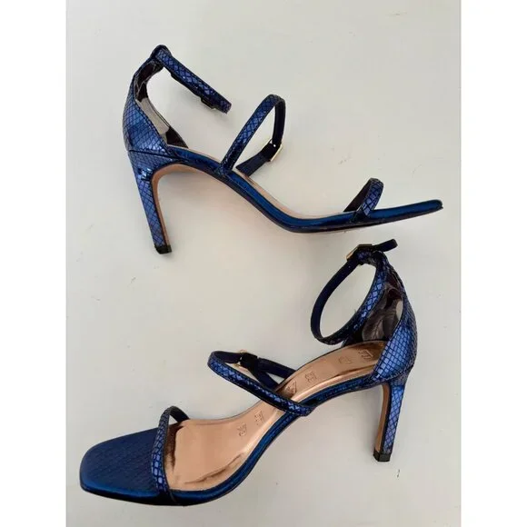 Ted Baker Heels 38 / US 7.5 Navy Strappy Heels Square Toe Ankle Strap Old Money - Picture 6 of 16